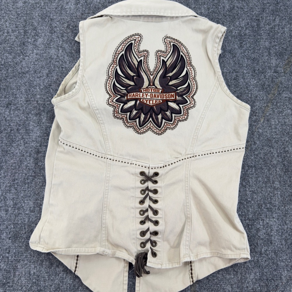 Harley-Davidson Embroidered Eagle Lace-Up Back Vest Tan Size S